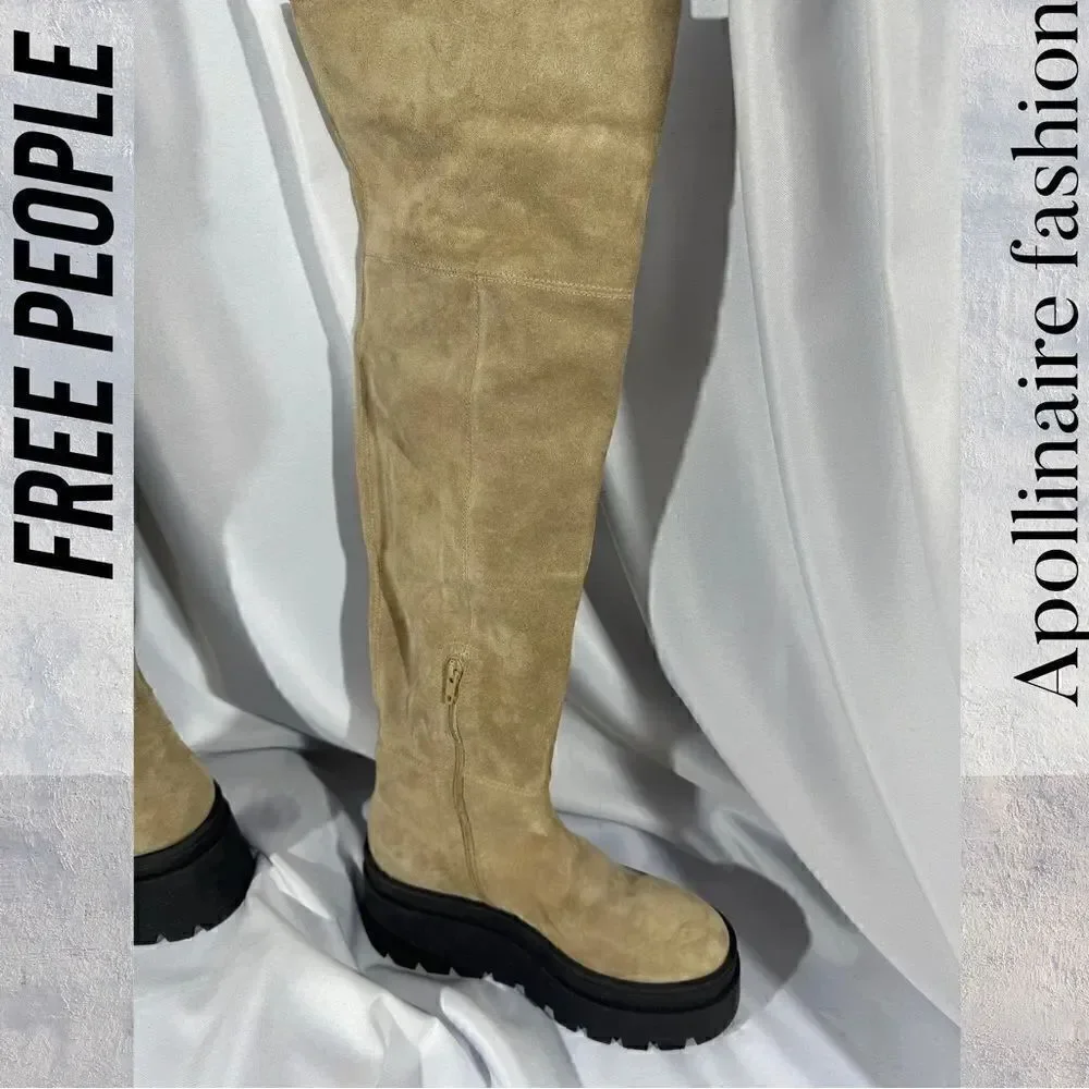 FREE PEOPLE LONDON CALLING SUEDE OVER THE KNEES BOOTS IN STONE SIZE 39